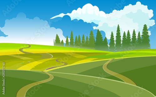 Narure landscape, green fields and valley, Countryside landscape, vector illustration