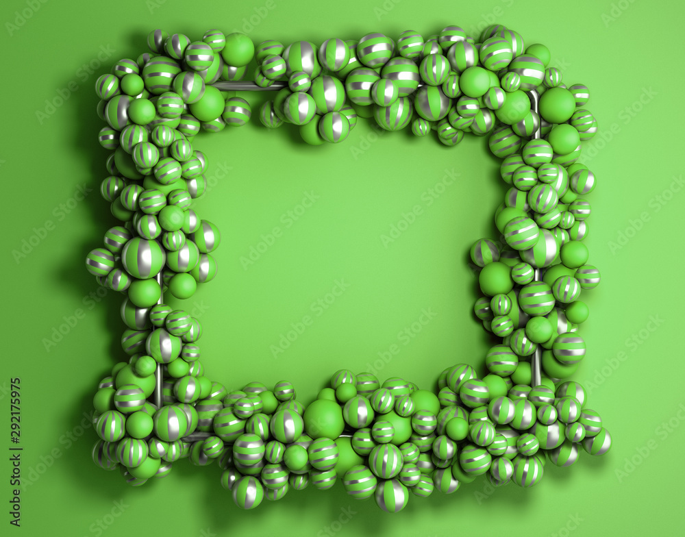 abstract background green frame as background with striped elegant balls 3d render abstract background green frame as background with striped elegant balls 3d render