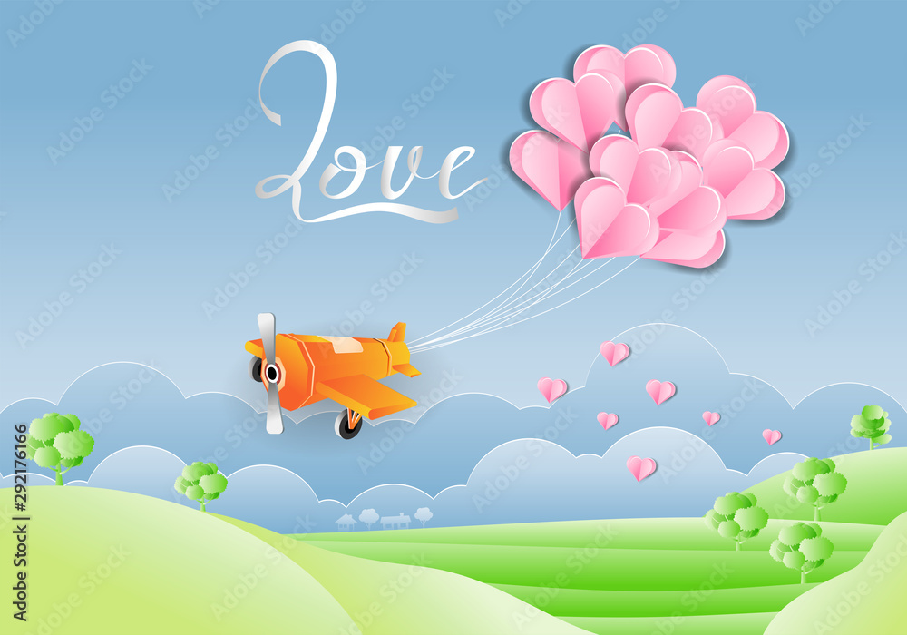 Paper art of aircraft carries pink heart shape on the sky, Flat and digital craft style vector illustration love concept.