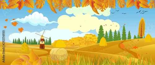 Panoramic of Countryside landscape in autumn, illustration of horizontal banner in autumn green and yellow hills, farm house, leaves falling from trees.