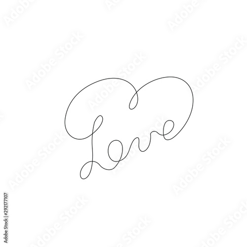 Love inscription in heart continuous line drawing, small tattoo, print for clothes and logo design, one single line on a white background, isolated vector. Hand lettering on Valentine's Day.