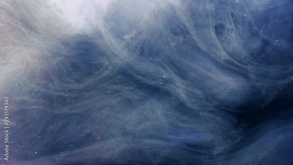 Smoke flow. Magic spell. White glitter haze cloud motion over blue background.