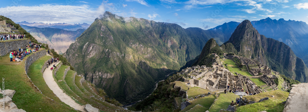 Panoramic view of Machu Picchu ruins in Peru. Behind we can appreciate ...