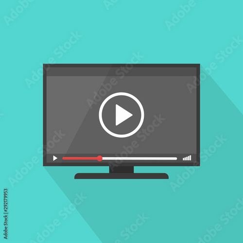 Flat screen tv with player video technology vector icon, led television display with high definition digital tech symbol