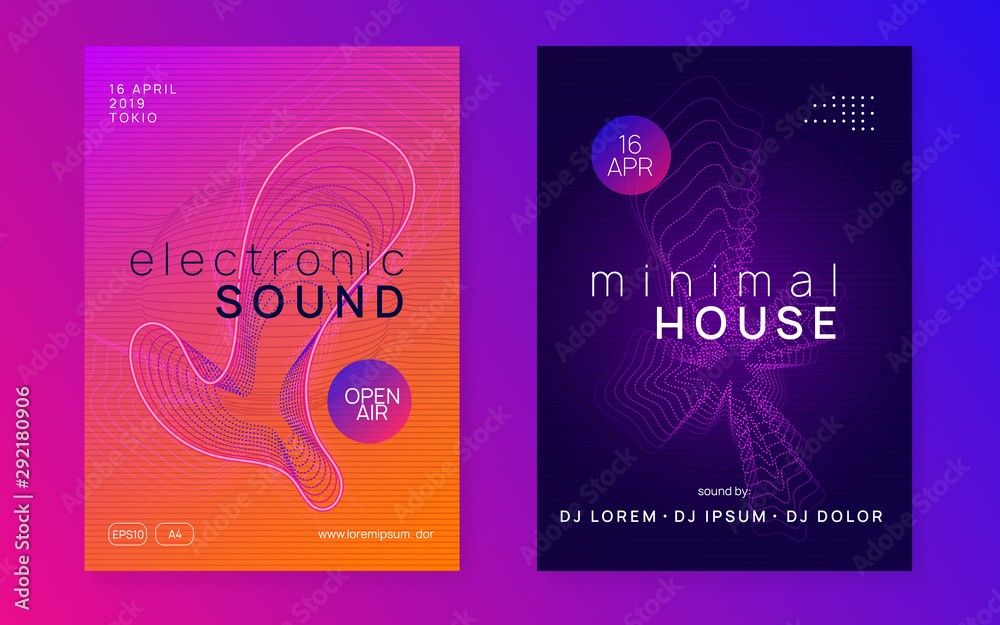 Trance event. Dynamic fluid shape and line. Bright discotheque cover set. Neon trance event flyer. Techno dj party. Electro dance music. Electronic sound. Club fest poster. Trance event. Dynamic fluid shape and line. Bright discotheque cover set. Neon trance event flyer. Techno dj party. Electro dance music. Electronic sound. Club fest poster.