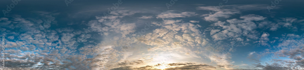 Fototapeta premium Seamless cloudy blue sky hdri panorama 360 degrees angle view with zenith and beautiful clouds for use in 3d graphics as sky dome