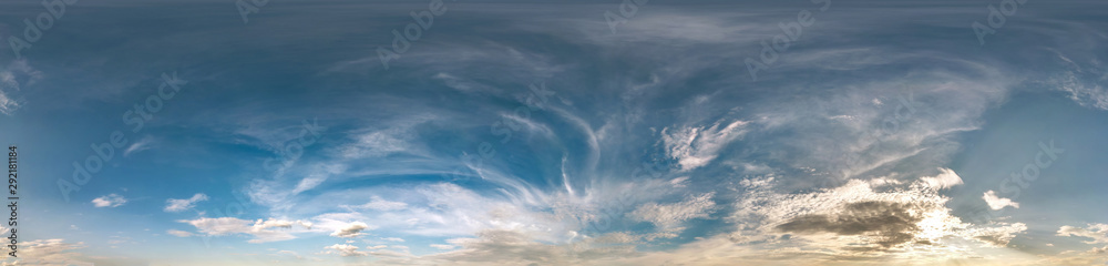 Obraz premium Seamless cloudy blue sky hdri panorama 360 degrees angle view with zenith and beautiful clouds for use in 3d graphics as sky dome
