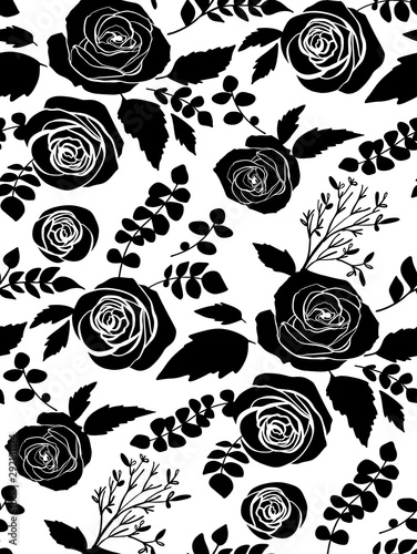 Black and white Seamless pattern with garden roses