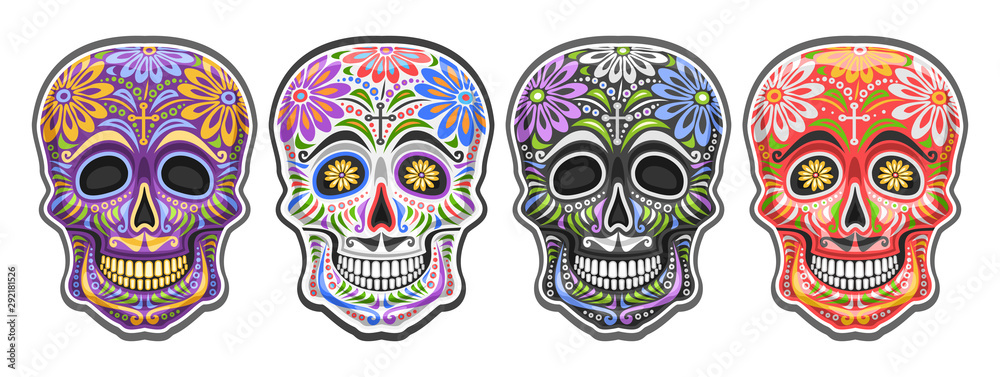 Vector set of Sugar Skulls for mexican Day of the Dead, collection of 4 cut  out