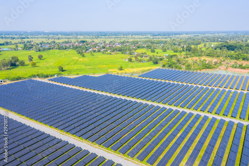 Aerial view from drone of Solar energy farm  High angle view of solar panels on an energy farm for renewable energy in Thailand.