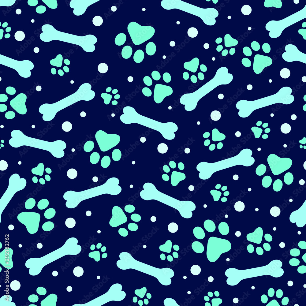 Seamless pattern paw print and bone. blue background. Vector
