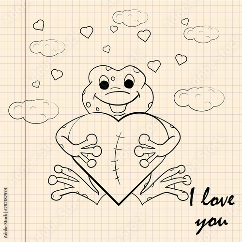contour childrens illustration little frog hugs heart with I love you drawn on a notebook in the box
