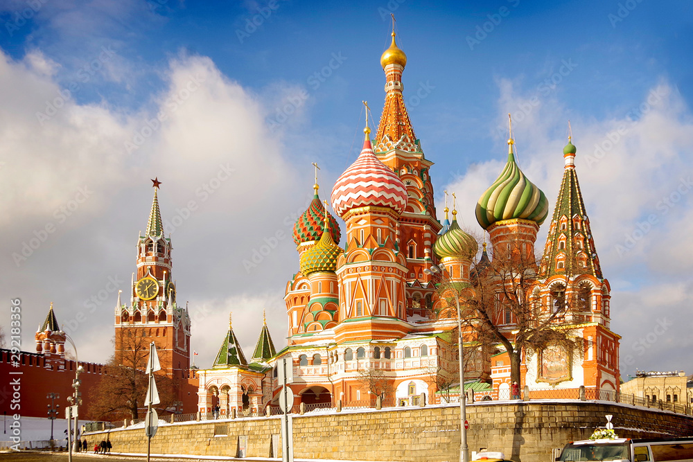 View of the Kremlin in Moscow and St. Basil's Cathedral.