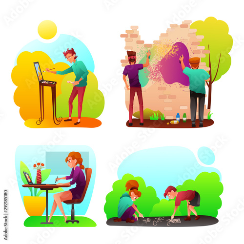 Artist painting flat vector illustrations set