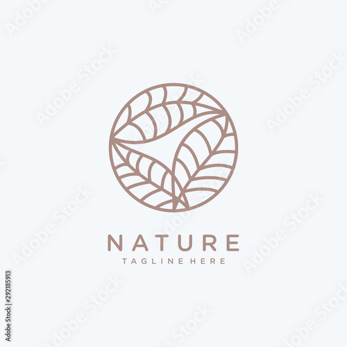 Tropical plant logo design template. Round emblem leaves in linear style. Vector abstract badge.