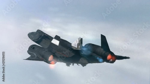 Lockheed SR-71 Blackbird animation back view of a two jet engine military airplane with fire flares behind and flying high in the cloudy sky in winter. The elements of this image furnished by NASA.
