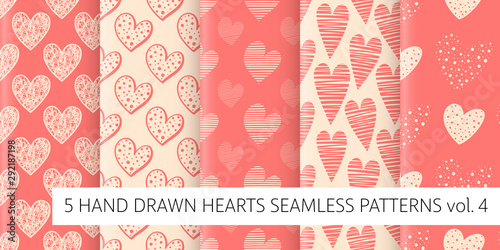 Set of 5 seamless patterns with hand drawn hearts, vector illustration for Valentine's Day greeting cards, wedding invitation, banners, backgrounds, textiles design.