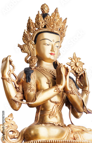 Gilded form of Avalokiteshvara made of metal on white background