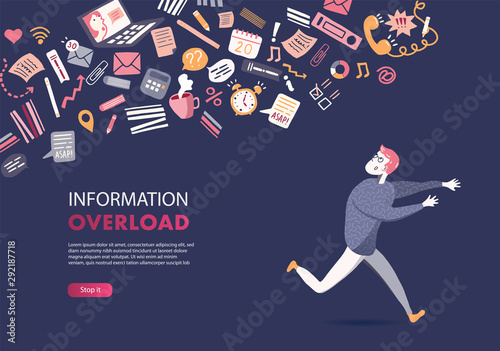 Concept of Information Overload, Digital hygiene, Stress. Overwhelmed person running away from the information stream wave pursuing him. Vector illustration in flat style. 