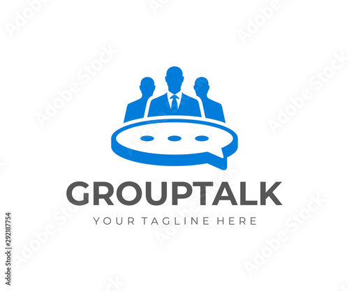 Business meeting logo design. Group of people at the table in the form of a speech bubble vector design. Business discussion logotype