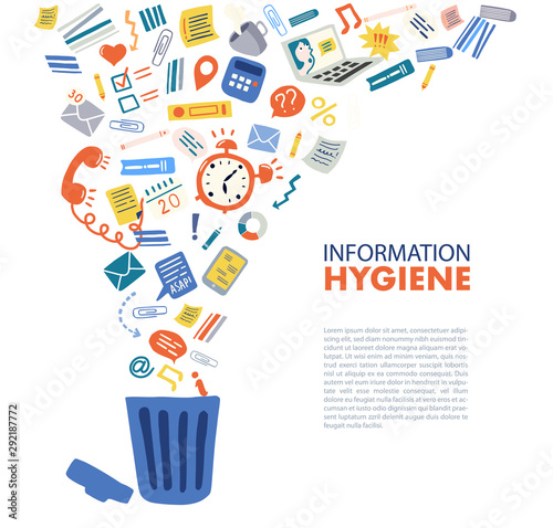 Trendy flat information icons going into a garbage basket. Concept illustration of digital hygiene, input overload and digital detox. Banner template on the white background with text.