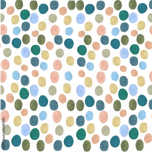 Multicolored polka dot watercolor pattern on a white background. colored circles are hand-drawn with watercolor paints and are perfect for prints, backgrounds, decorative elements