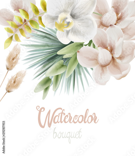 Watercolor white orchid flowers and palm leaves greeting card vector. Backgro...