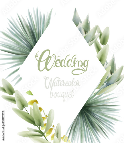 Wedding watercolor bouquet with palm leaves. Background Vector