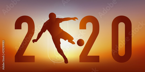 Carte de vœux 2020 sur le thème du sport, avec un joueur de football, qui frappe la balle du pied pour marquer un but.