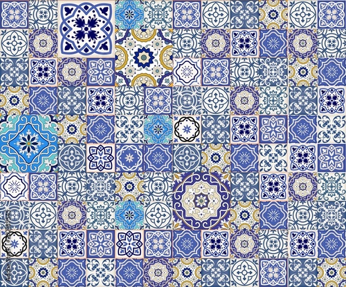 Gorgeous seamless pattern white colorful Moroccan, Portuguese tiles, Azulejo, ornaments. Can be used for wallpaper, pattern fills, web page background, surface textures. photo