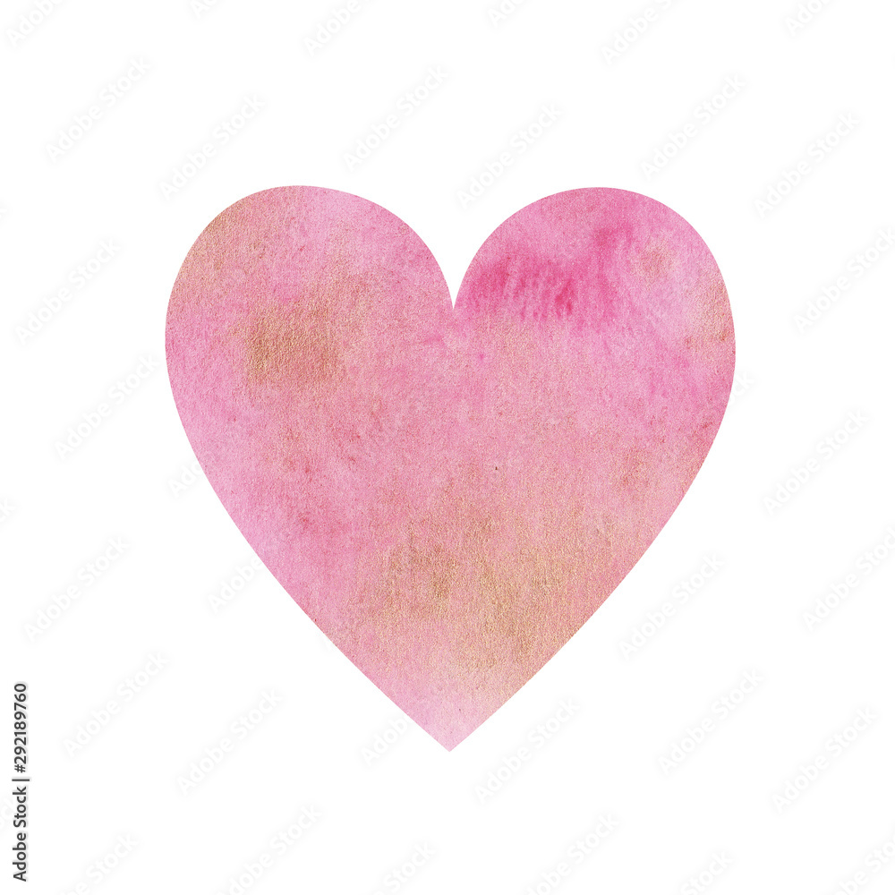 Hand painted abstract Watercolor Wet pink and gold brush stroke Heart shape isolated on white. Abstract background. design for invitation, greeting, Valentine card, wedding. empty space for text