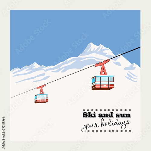 Vintage Winter background, poster. Red ski Lift Gondolas moving in Snow Mountains