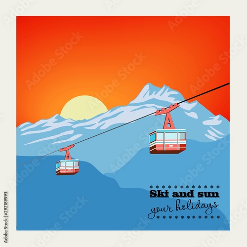 Vintage Winter background, poster. Red ski Lift Gondolas moving in Snow Mountains