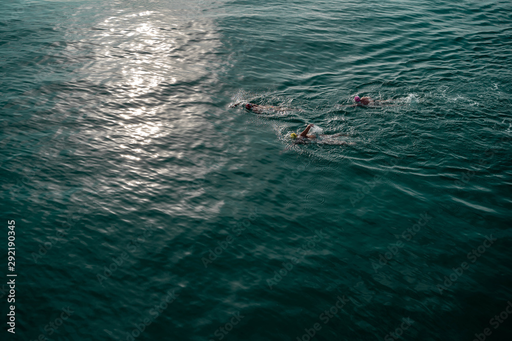 People swimming in the sea. Aerial photography