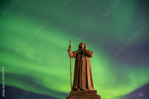 Sculpture Of Hans Egede And Aurora Borealis Nuuk Greenland photo