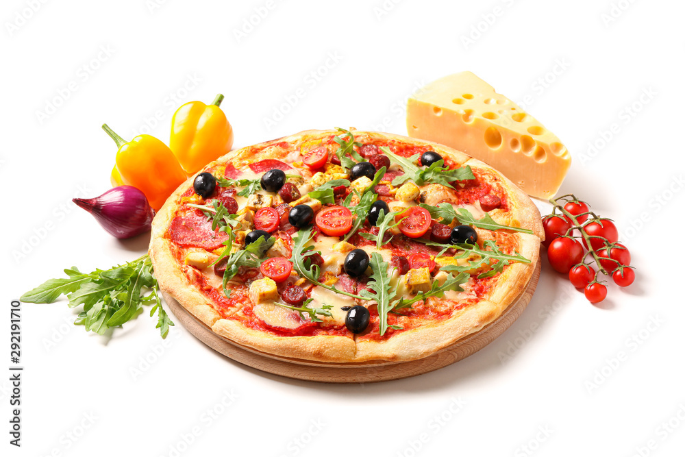 Tasty pizza and ingredients isolated on white background Tasty pizza and ingredients isolated on white background