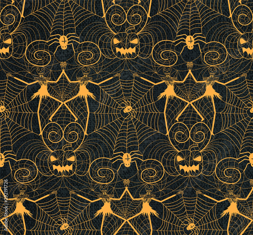 Halloween nightmare lace seamless pattern design with dancing skull skeletons, pumpkins, spirals and black widow spiders