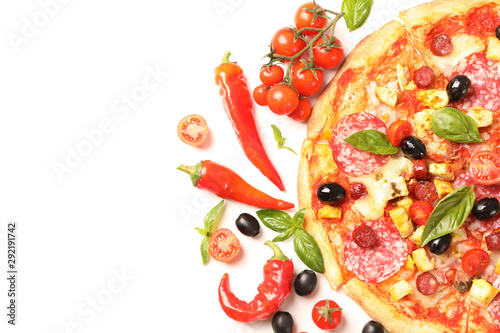 Delicious pizza and ingredients isolated on white background. Flat lay