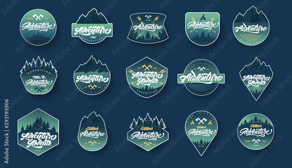  Adventure lettering set logos or emblems with gradient. Vintage logotype with mountains, bonfires and arrows. Vector signs for your design. - obrazy, fototapety, plakaty 