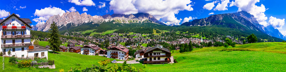 Panorama of Cortina d'Ampezzo- breathtaking mountain village and popular tourist resort in Dolomites Alps, Italy