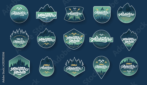  Adventure lettering set logos or emblems with gradient. Vintage logotype with mountains, bonfires and arrows. Vector signs for your design.