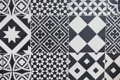 Modern geometric black and white kitchen tiles