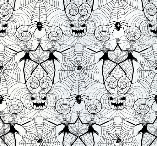 Halloween nightmare lace seamless pattern design with dancing skull skeletons, pumpkins, spirals and black widow spiders