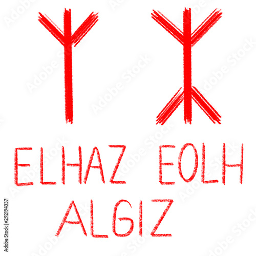 Set of ancient runes. Versions of Elhaz rune with German, English and Old  Scandinavian titles. Rune Elhaz, Eolh, Algiz is symbol of friendship and  protection from trouble. Senior futark. Illustration Stock
