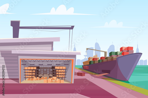 Logistics hub, seaport flat vector illustration
