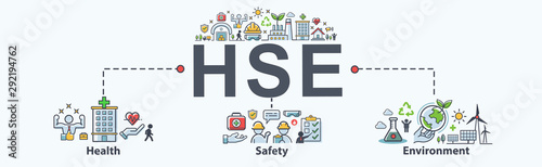 HSE - Health Safety Environment acronym Banner web icon for business and organization. Standard Safe Industrial Work and industrial.