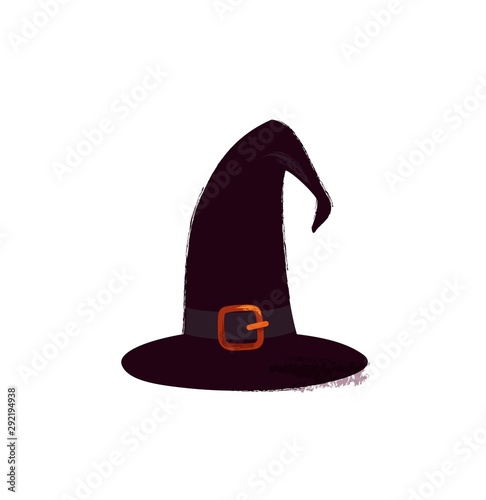 Vector illustration of a cartoon Halloween witch hat. Witch hat with buckle  isolated on white background. Design element for Halloween.