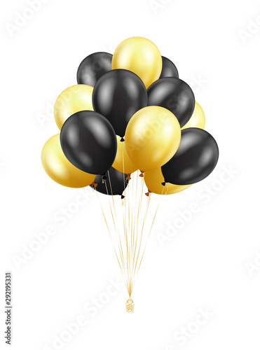 Balloons bunch isolated on white background. Glossy gold and black 3D realistic helium balloons. Vector concept for banner, cards and other designs.