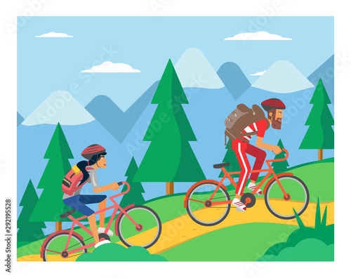 Backpackers on bicycles vector illustration