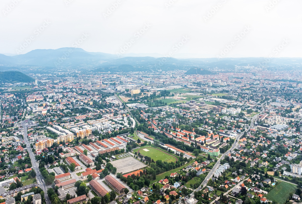 City Graz aerial view with districts Eggenberg and Wetzelsdorf, Styria